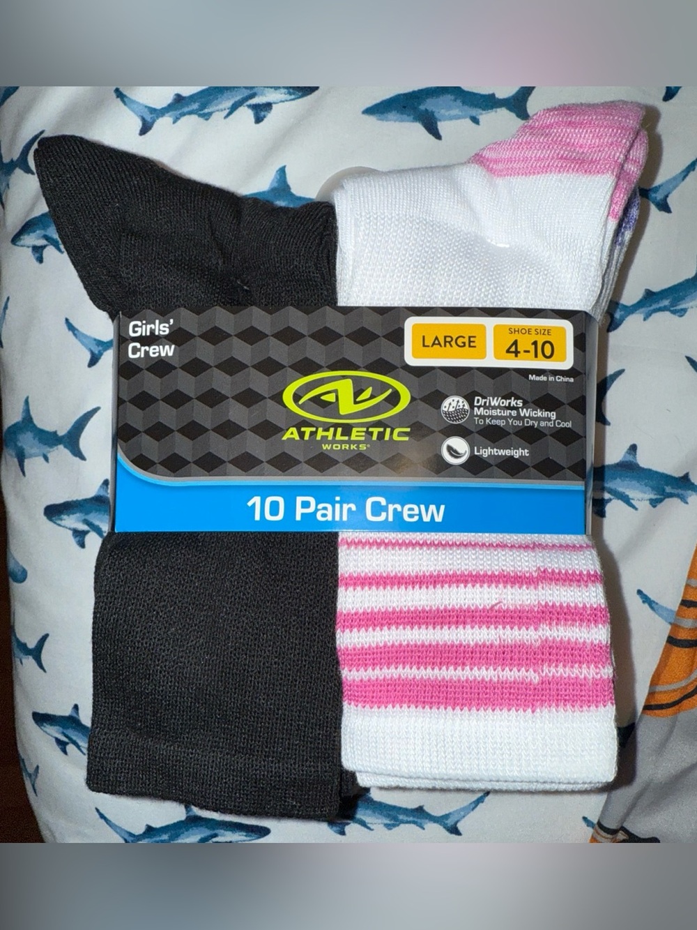 Athletic Works Girls' Crew Socks - Black & Pink/White Stripe (10 Pair)